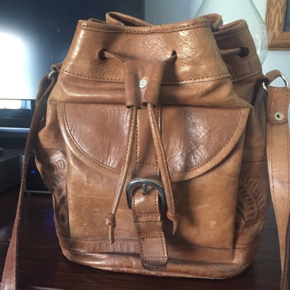 Brown Tooled Leather Shoulder Bag
